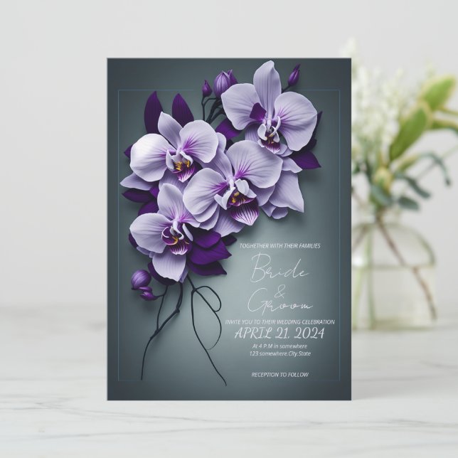 Elégante invitation de mariage avec orchidées. (Debout devant)