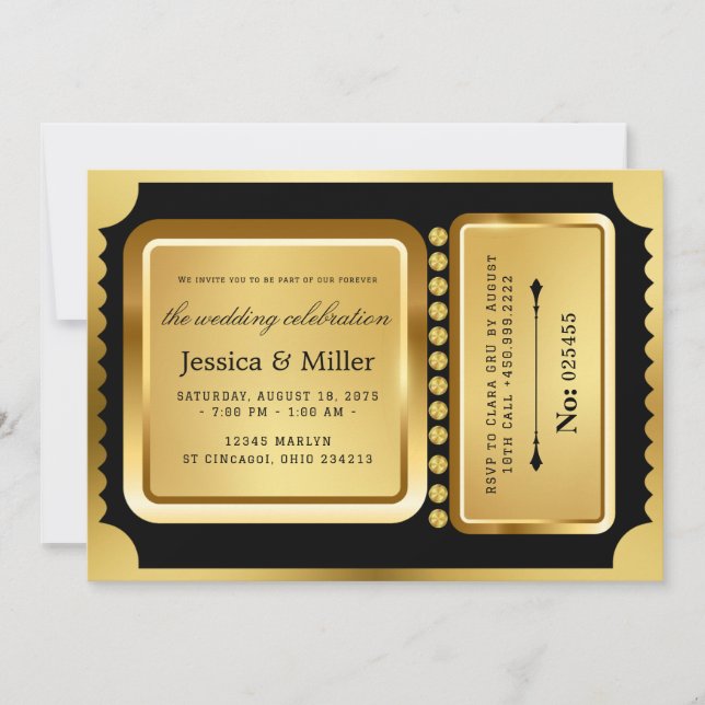 Élégante invitation de mariage billet noir et or (Devant)