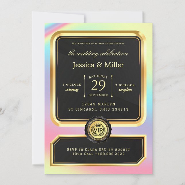 Élégante invitation de mariage billet noir et or (Devant)
