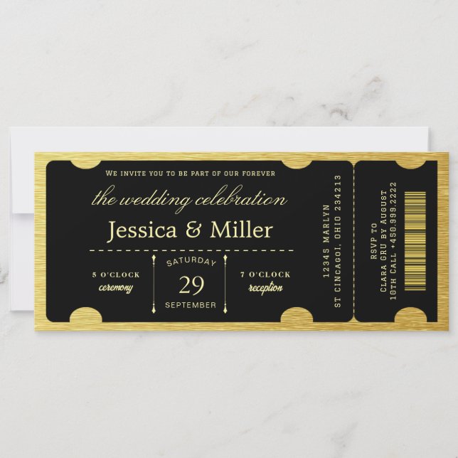 Élégante invitation de mariage billet noir et or (Devant)