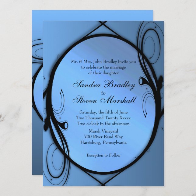 Elégante invitation de mariage bleu (Devant / Derrière)