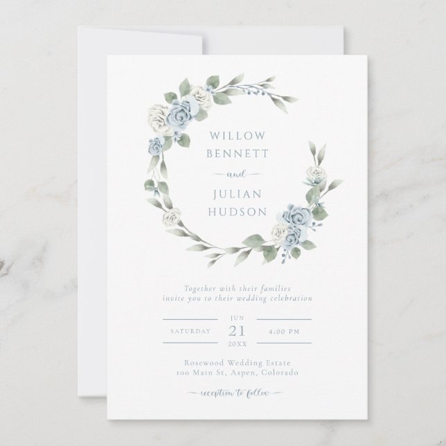 Élégante invitation de mariage bleu poussiéreux (Devant)