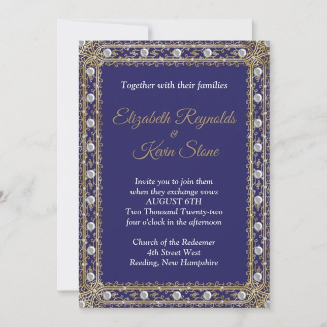 Élégante invitation de mariage bleu royal et or (Devant)