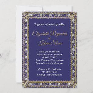 Élégante invitation de mariage bleu royal et or