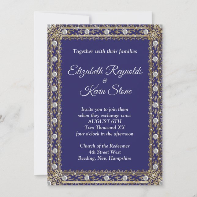 Élégante invitation de mariage bleu royal et or (Devant)