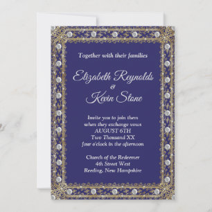 Élégante invitation de mariage bleu royal et or
