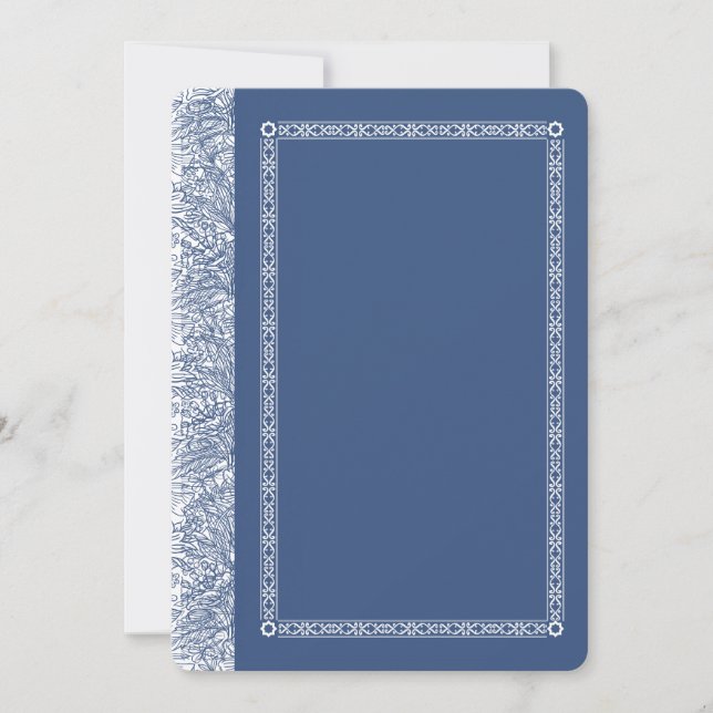 Élégante invitation de mariage bleue ornée (Devant)