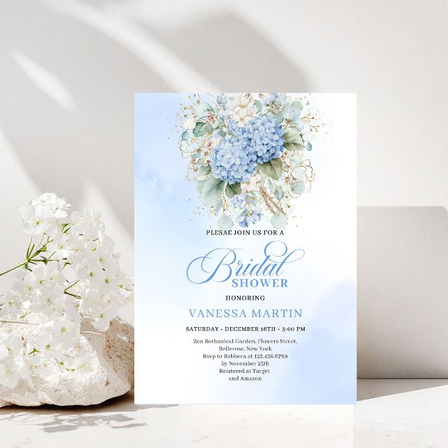 Élégante invitation de mariage bohème bleue avec h (Elegant Boho Blue Hydrangea Gold Bridal Invitation)