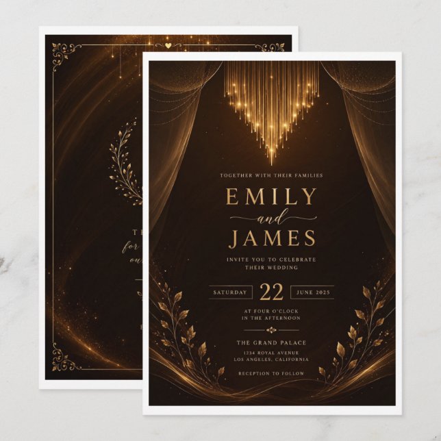 Élégante invitation de mariage bordeaux or | Luxe  (Devant / Derrière)
