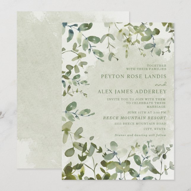 Élégante invitation de mariage botanique Eucalyptu (Devant / Derrière)