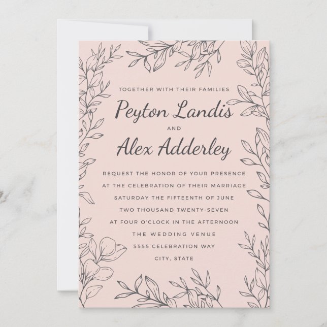 Élégante invitation de mariage botanique rose vint (Devant)