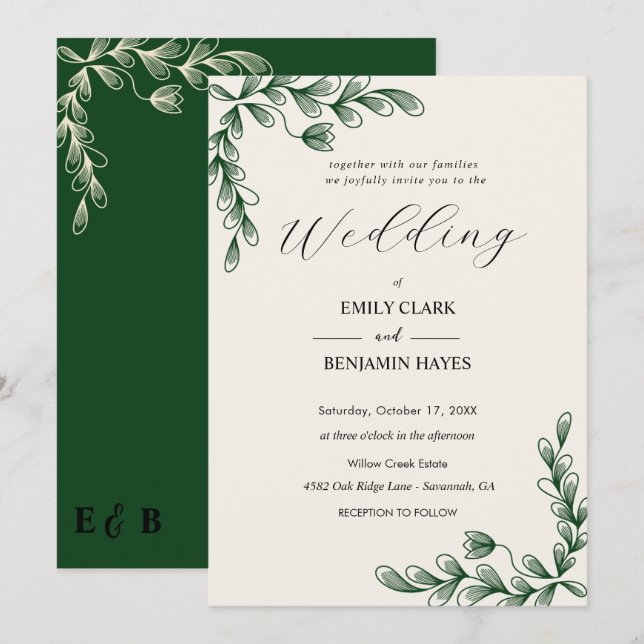 Élégante invitation de mariage botanique vert saug (Devant / Derrière)