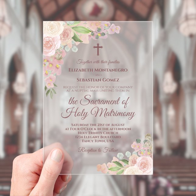 Élégante invitation de mariage catholique moderne  (Frosted Acrylic with Rectangle Cut)