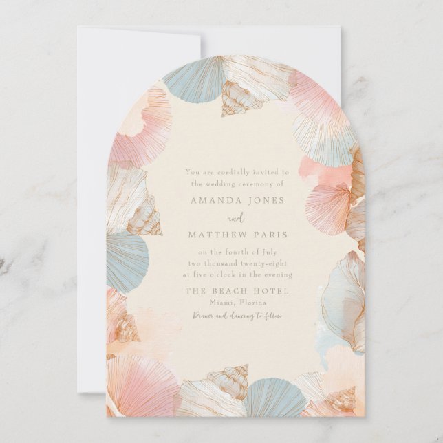Élégante invitation de mariage coquillage côtier (Devant)