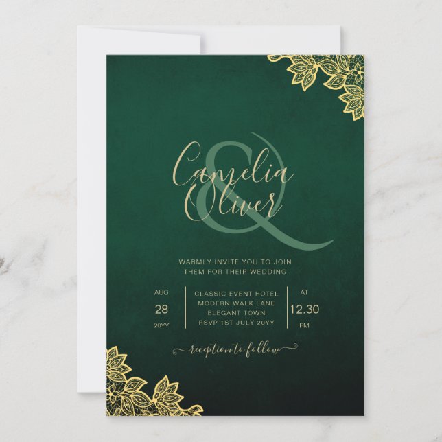 Elégante invitation de mariage Emerald Green Or de (Devant)