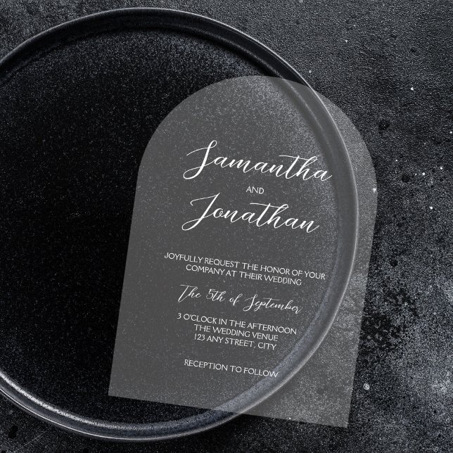 Élégante invitation de mariage en calligraphie bla (Chic White Calligraphy Script Arch Wedding Acrylic Invitations)