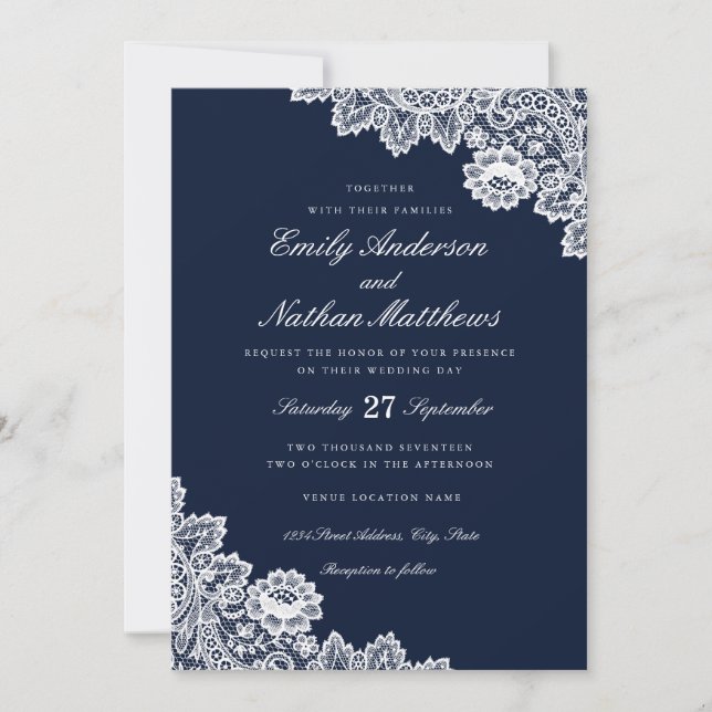 Élégante invitation de mariage en dentelle blanche (Devant)