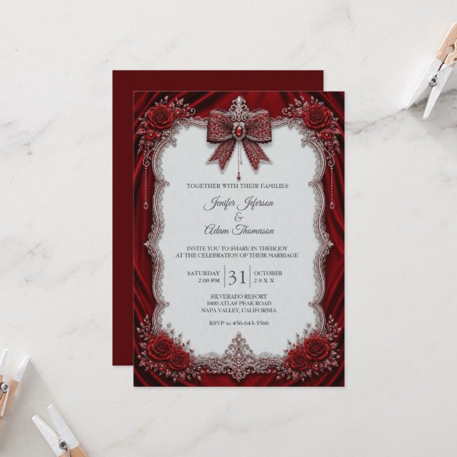 Élégante invitation de mariage en dentelle rouge v (Devant/Arrière en situation)