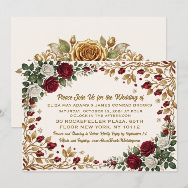 Élégante invitation de mariage Fleur de Rose de Ne (Devant / Derrière)