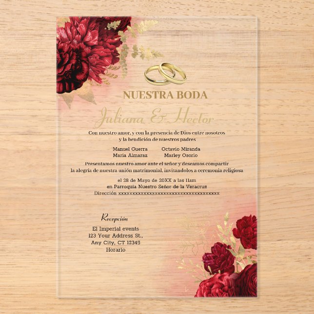 Élégante Invitation de Mariage Fleur Rouge Nuestra (Recto)