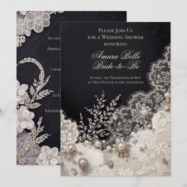 Élégante Invitation de Mariage Fleurs Noires et Bl (Devant / Derrière)