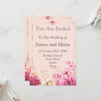 Elégante invitation de mariage, fleurs roses