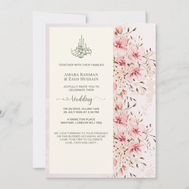 Élégante invitation de mariage florale à l'aquarel (Devant)