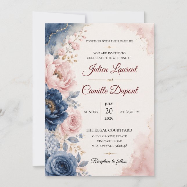 Élégante invitation de mariage florale à l'aquarel (Devant)