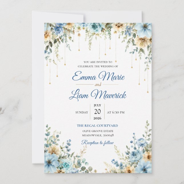 Élégante invitation de mariage florale à l'aquarel (Devant)
