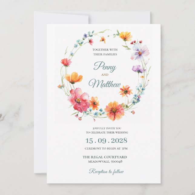 Élégante invitation de mariage florale à l'aquarel (Devant)
