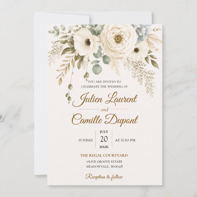 Élégante invitation de mariage florale à l'aquarel (Devant)