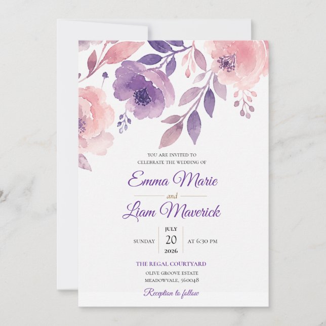 Élégante invitation de mariage florale à l'aquarel (Devant)
