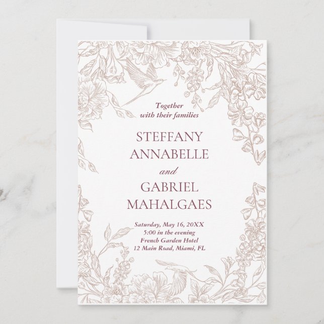 Élégante invitation de mariage florale beige minim (Devant)