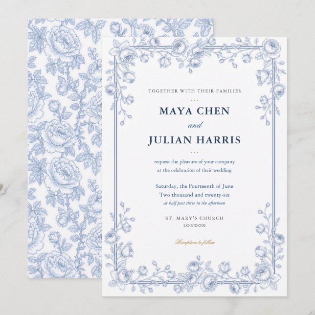 Élégante invitation de mariage florale bleu et bla (Devant / Derrière)