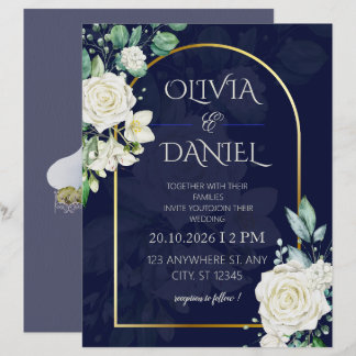 Élégante invitation de mariage florale bleu marine