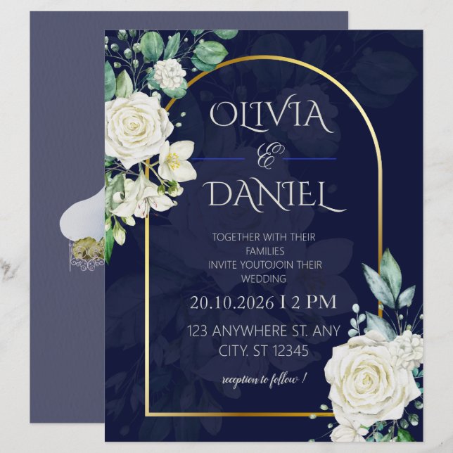 Élégante invitation de mariage florale bleu marine (Devant / Derrière)