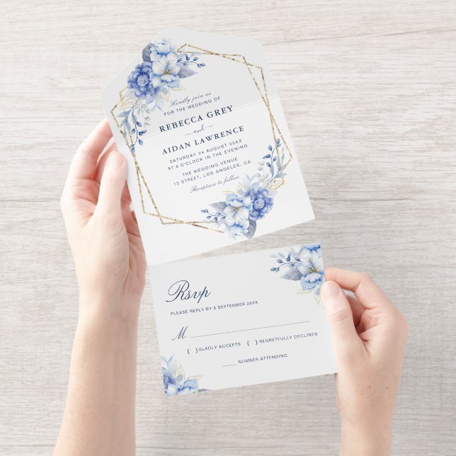 Élégante invitation de mariage florale bleu poussi (Détachable)