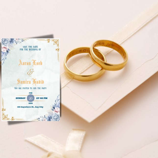 Élégante invitation de mariage florale bleu poussi (Créateur téléchargé)