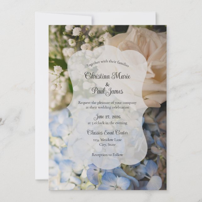 Élégante invitation de mariage florale bleue et bl (Devant)