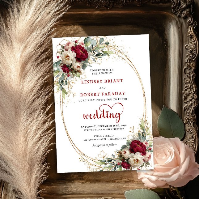 Élégante invitation de mariage florale boho Bourgo (Elegant Burgundy Boho Floral Wedding Invitation)