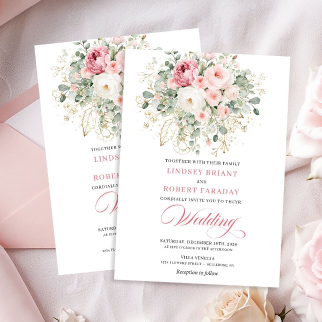 Élégante invitation de mariage florale boho rose c (Elegant Blush Rose Boho Floral Wedding Invitation)