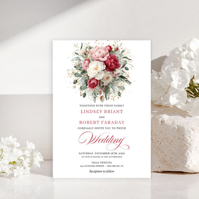 Élégante invitation de mariage florale Boho rouge  (Elegant Boho Red Blush Gold Floral Wedding InvitE)
