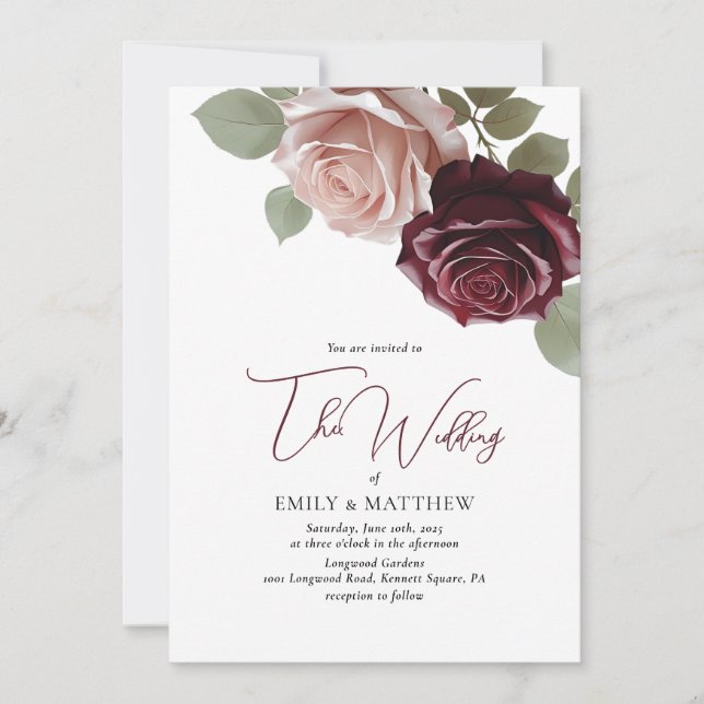 Élégante invitation de mariage florale bordeaux (Devant)