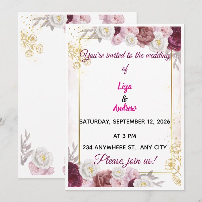 Élégante invitation de mariage florale bordeaux et (Devant / Derrière)