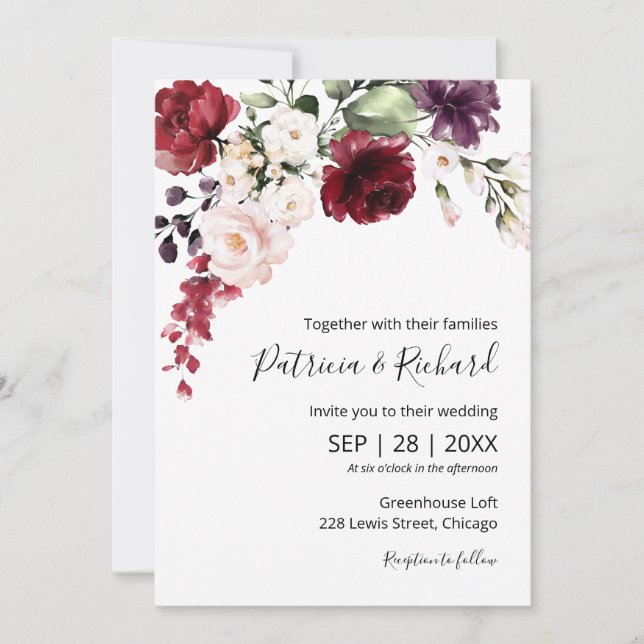 Élégante invitation de mariage florale en aquarell (Devant)