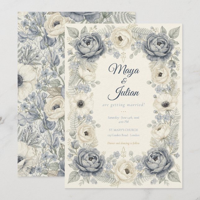 Élégante invitation de mariage florale française b (Devant / Derrière)