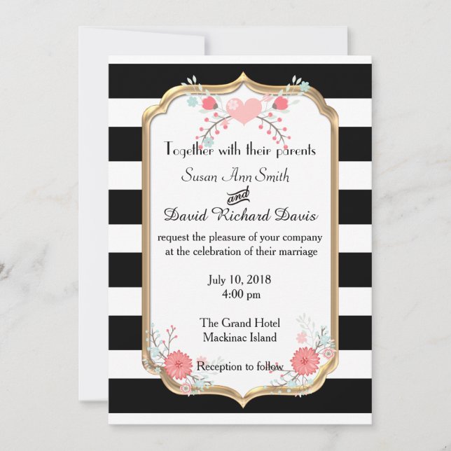 Élégante invitation de mariage florale noir et bla (Devant)
