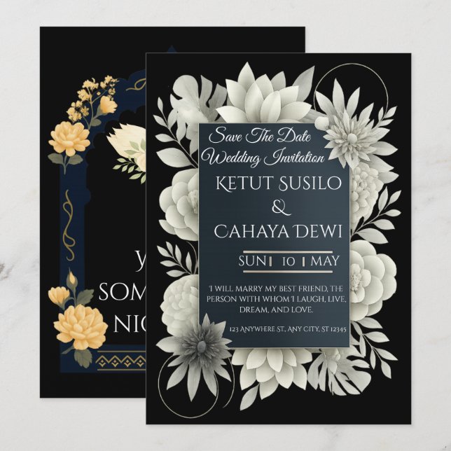Élégante invitation de mariage florale noire et iv (Devant / Derrière)