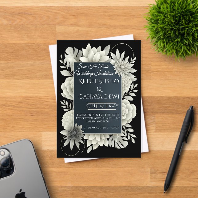 Élégante invitation de mariage florale noire et iv (Insitu (Carte d'invitation))