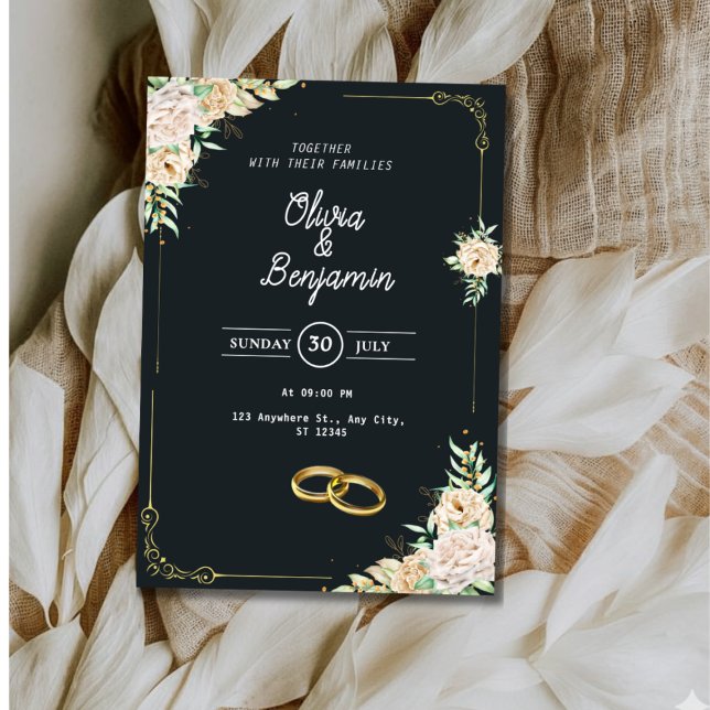Élégante invitation de mariage florale noire et or (Créateur téléchargé)